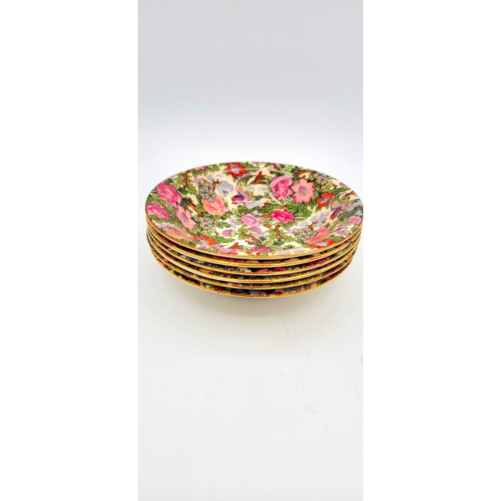 Crown Ducal England Floral Chintz Round Ceramic 5" Bowls Set of 6 Vintage Gold